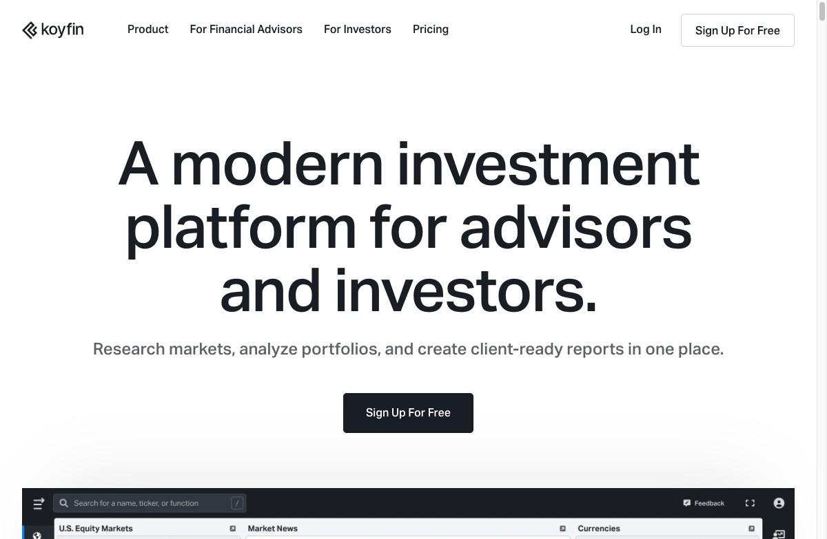 Koyfin homepage with a preview of its market dashboard for equities, news, and currencies